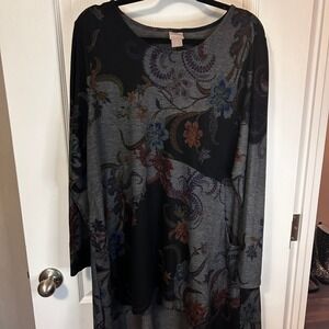 Chicos Black Grey Floral Paisley Print Long Sleeve Tunic Top Size 2 L